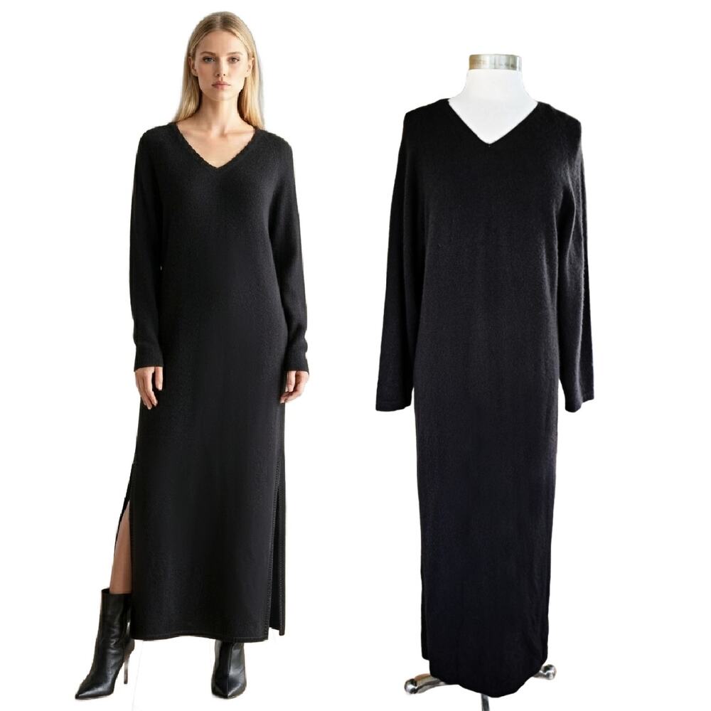 HANAE MORI Neiman Marcus Cashmere Maxi Sweater Dress Black Medium Long Sleeve
